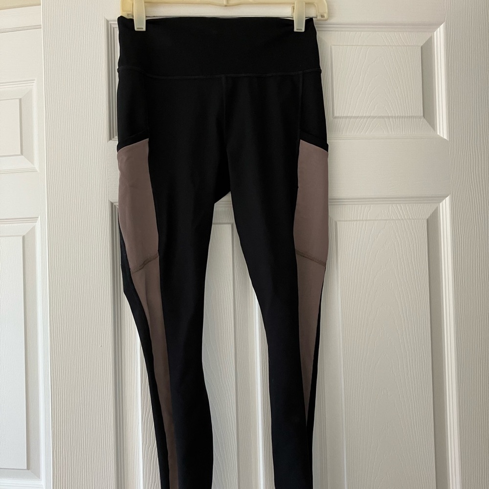 Fabletics power hold high waist black leggings with pockets and sheer mesh panel